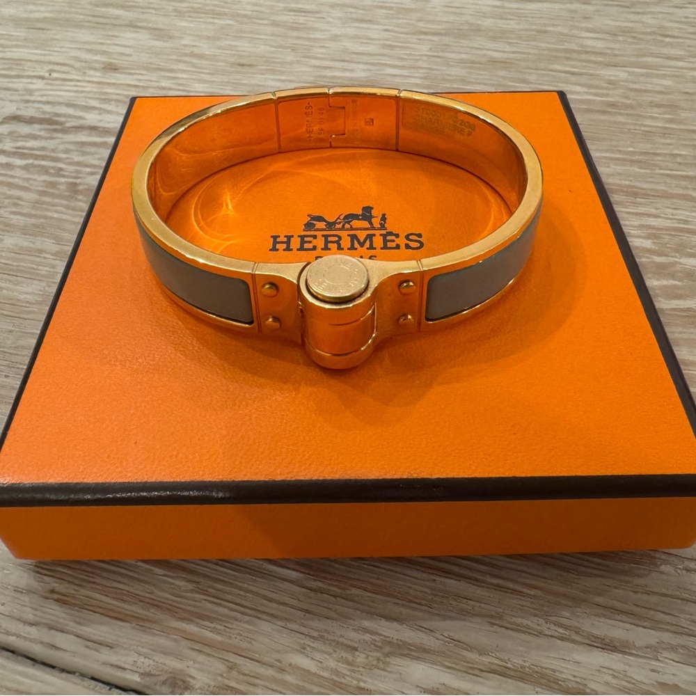 Hermes Charniere Sauge Enamel Rose Gold Hinged Bracelet PM